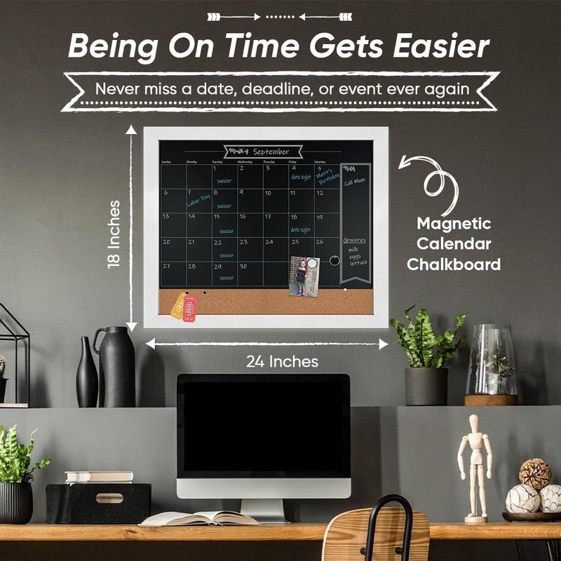 Loddie Doddie Chalkboard Calendar - 18" x 24", White Frame - Magnetic Surface for Magnet Display - Cork Bulletin Board Calendar for Memos & Photos - Menu Board for Kitchen Planning - Image 2